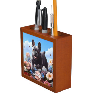 Happy Blue French Bulldog & Flowers  Desk Organizer