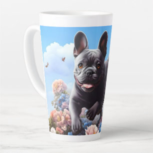 Happy Blue French Bulldog & Flowers Latte Mug