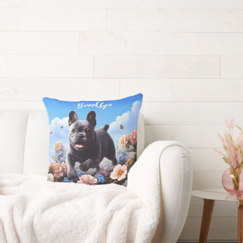 Happy Blue French Bulldog  Flowers  Throw Pillow