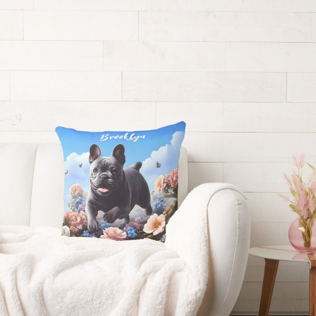 Happy Blue French Bulldog & Flowers  Throw Pillow (Couch)