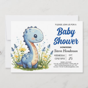 Happy Blue Funny Dinosaur Boy Baby Shower Invitation