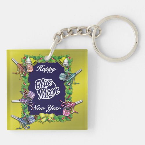 Happy Blue Moon New Year _ Gold Background Keychain