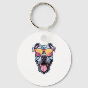 Happy Blue Pitbull Wearing Sunglasses   Keychain