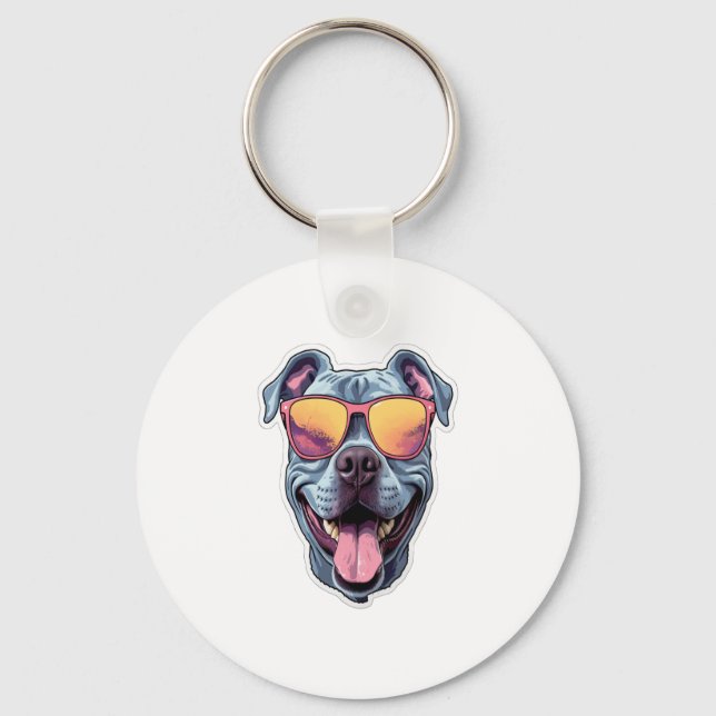 Happy Blue Pitbull Wearing Sunglasses   Keychain (Front)