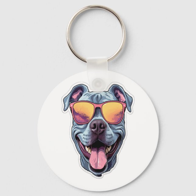 Happy Blue Pitbull Wearing Sunglasses   Keychain (Front)