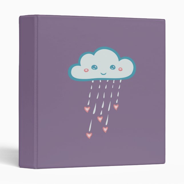 Happy Blue Rain Cloud Raining Pink Hearts 3 Ring Binder (Front/Spine)