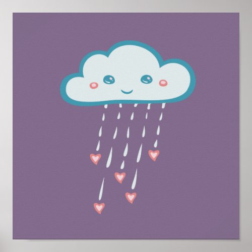 Happy Blue Rain Cloud Raining Pink Hearts Poster