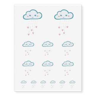Happy Blue Rain Cloud Raining Pink Hearts Temporary Tattoos