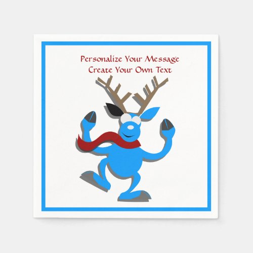 Happy Blue Reindeer Christmas Personalize Napkins