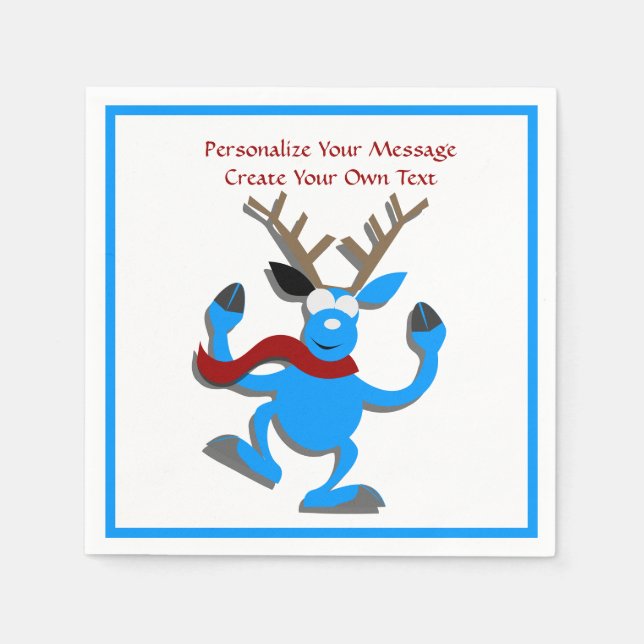 Happy Blue Reindeer Christmas Personalize Napkins (Front)
