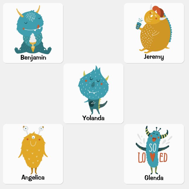 Happy blue yellow monsters back to school kids' labels (Group)