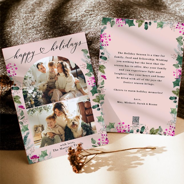 Happy Blush Pink 2 Photo Holiday Card  (Creator Uploaded)