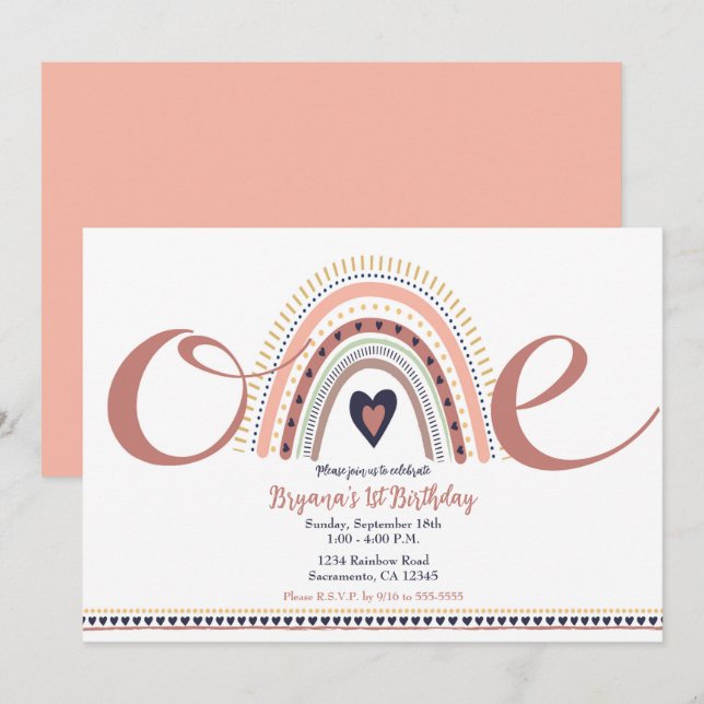 Happy Boho Rainbow Modern 1 1st Birthday Party   Invitation (Front/Back)