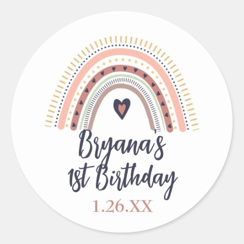 Happy Boho Rainbow Modern Kids Birthday Party    Classic Round Sticker