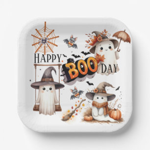 Happy BOO Day Cute Watercolor Ghost Fall Paper Plates