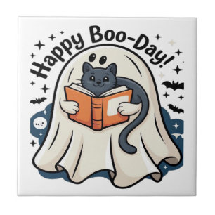 Happy Boo-Day Ghost Cat PNG - Spooky Cute Oversize Ceramic Tile