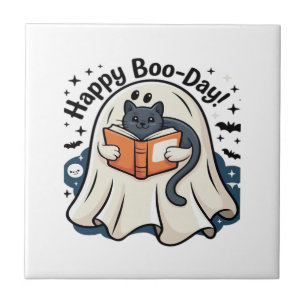 Happy Boo-Day Ghost Cat PNG - Spooky Cute Oversize Ceramic Tile