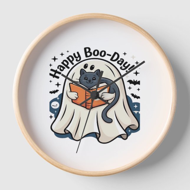 Happy Boo-Day Ghost Cat PNG - Spooky Cute Oversize Clock (Front)