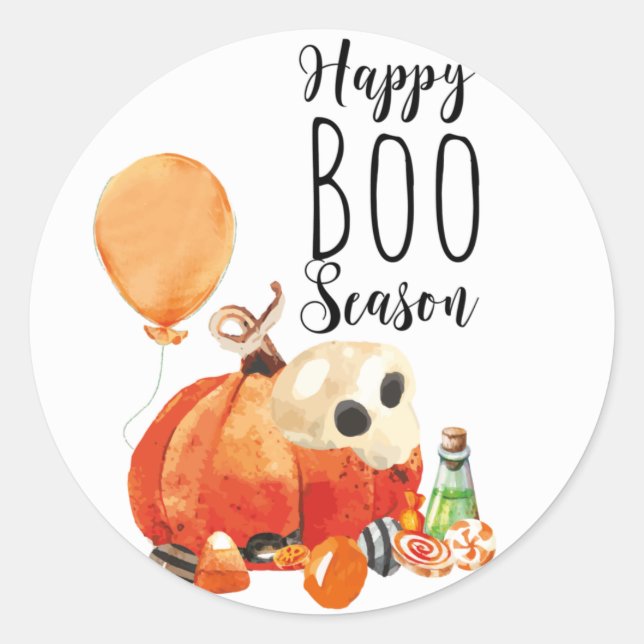 Happy Boo Season Watercolor Pumpkin Classic Round Sticker (Front)
