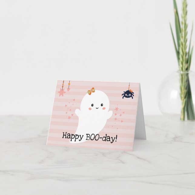 Happy BOOday Kawaii Ghost Pink Halloween Card (Front)