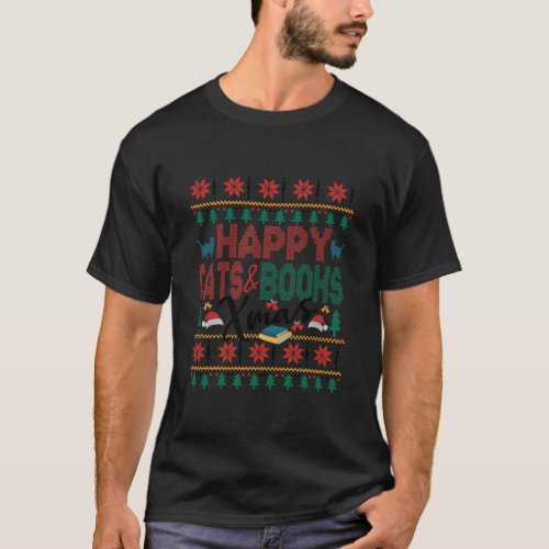 Happy Books Cats Xmas Fair Isle Ugly Style T_Shirt