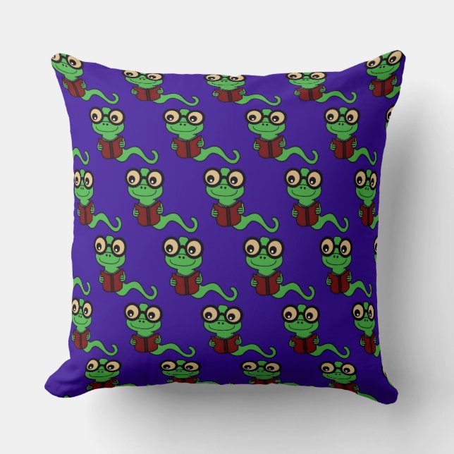 Happy Bookworm Black Throw Pillow (Front)