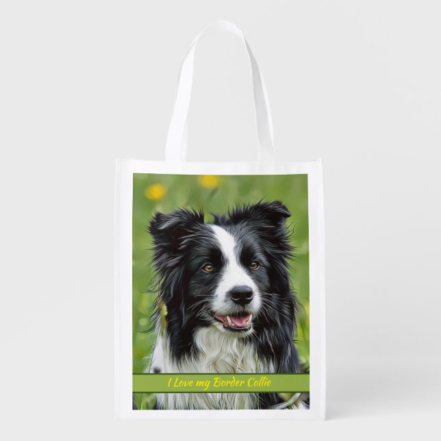 Happy Border Collie Artwork Reusable Grocery Bag (Front)