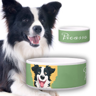 Happy Border Collie Cartoon Drawing Dog`s Name Bowl
