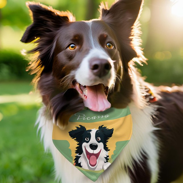 Happy Border Collie Cartoon Drawing Dog`s Name Pet Bandana Collar (Creator Uploaded)
