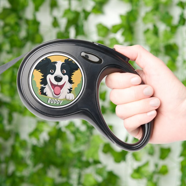Happy Border Collie Cartoon Drawing Name Retractable Pet Leash (Hand)