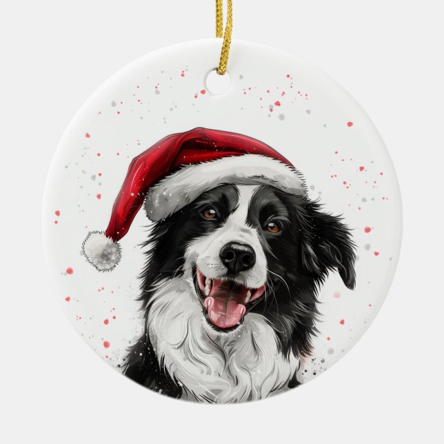 Happy Border Collie Dog Christmas Personalized Ceramic Ornament (Front)