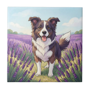 Happy Border Collie Lavender Field Ceramic Tile