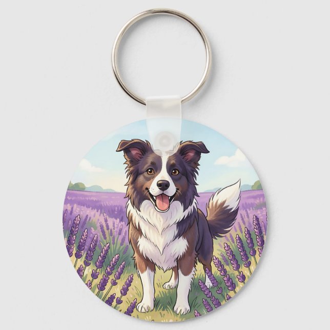 Happy Border Collie Lavender Field Keychain (Front)
