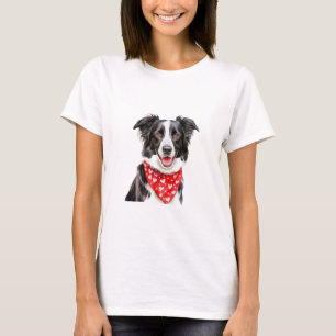 Happy Border Collie with Red Heart Bandana T-Shirt