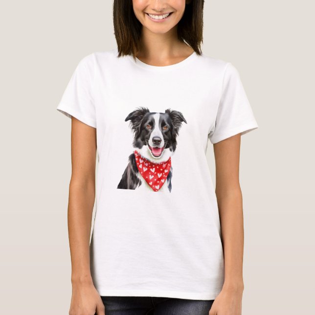 Happy Border Collie with Red Heart Bandana T-Shirt (Front)