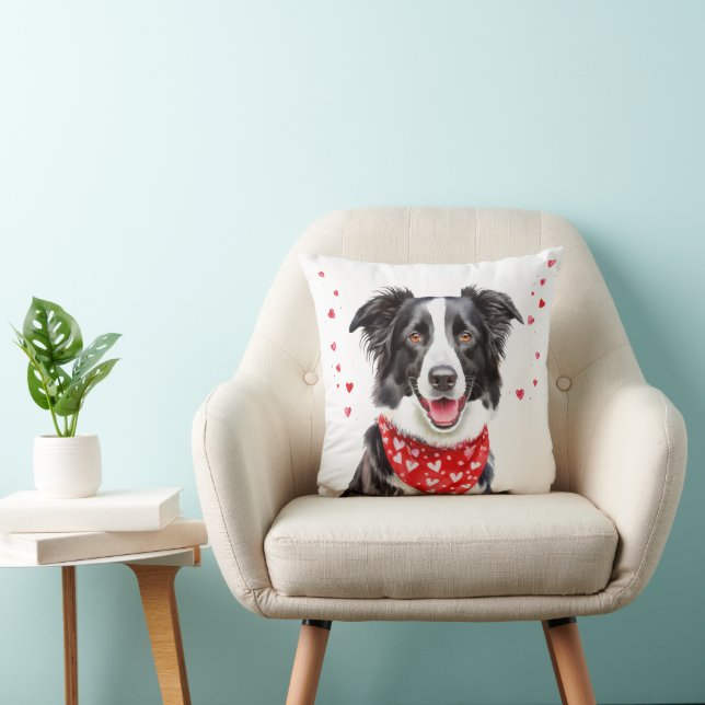 Happy Border Collie with Red Heart Bandana Throw Pillow (Chair)