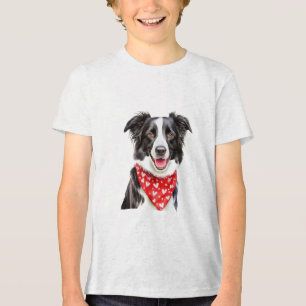 Happy Border Collie with Red Heart Bandana Tri-Blend Shirt