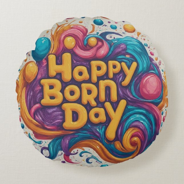 Happy Born Day Cake 16" Round Pillow (Front)