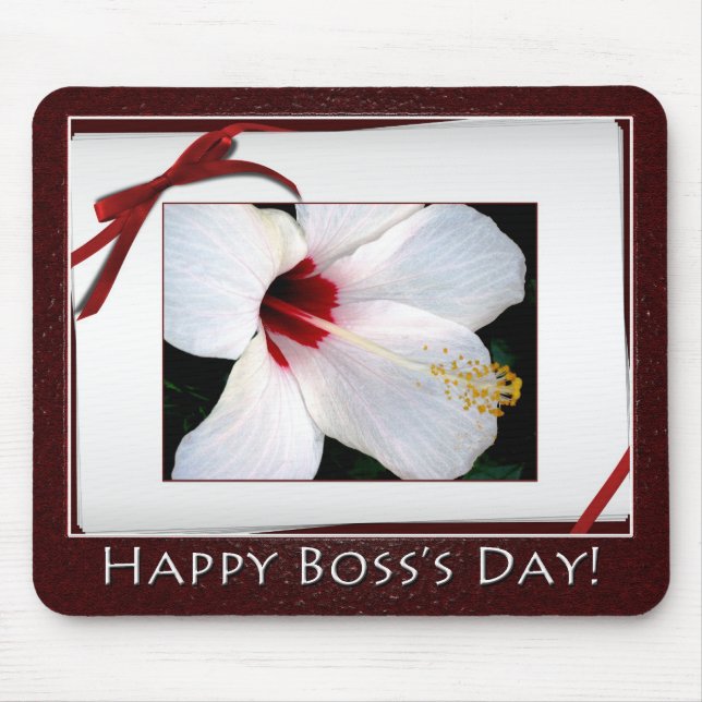 Happy Boss's Day White Hibiscus Floral Mouse Pad (Front)