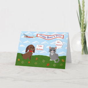 Happy Boss's Day with cat, dog and airplane banner Card