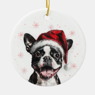 Happy Boston Terrier Dog Christmas Personalized Ceramic Ornament