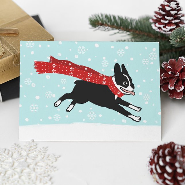 Happy Boston Terrier Winter Snow Christmas Holiday Card (Creator Uploaded)
