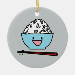 Happy bowl of white rice chopsticks carbs ceramic ornament