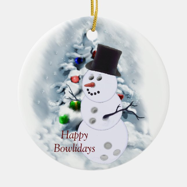 Happy Bowlidays Snowman Ceramic Ornament (Front)