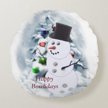 Happy Bowlidays Snowman Round Pillow by TheSportofIt at Zazzle