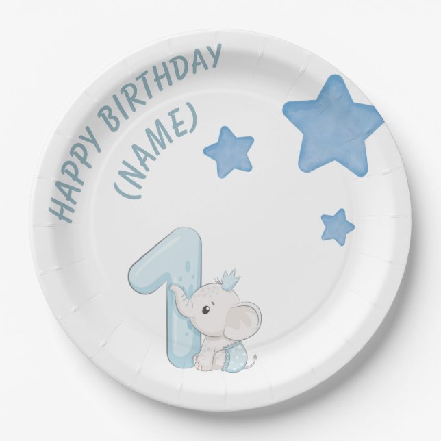 Happy Boy 1st Birthday (Customizable text & Name) Paper Plates (Front)