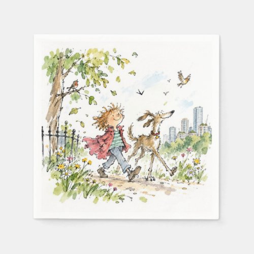 Happy Boy and Dog In City Park Napkins