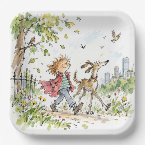 Happy Boy and Dog In City Park Paper Plates