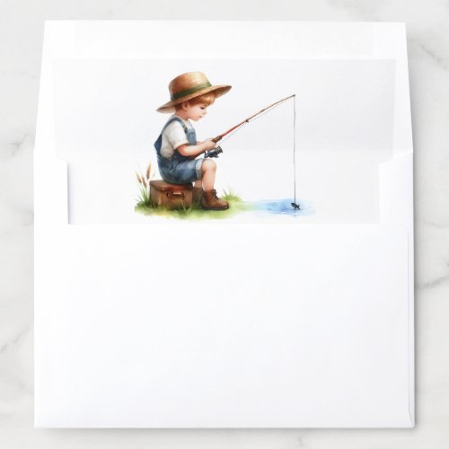 Happy Boy Fishing Pond Creek in Hat and Overalls Envelope Liner