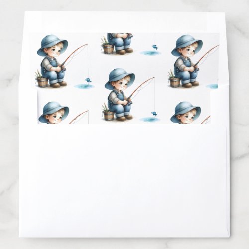 Happy Boy Fishing Pond in a Blue Hat and Overalls Envelope Liner